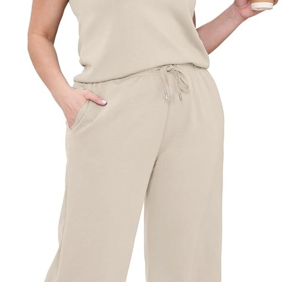 Beige X-large Summer Women's Two Piece Set with Mock Neck and Wide Leg Crop Pant - Picture 4 of 6